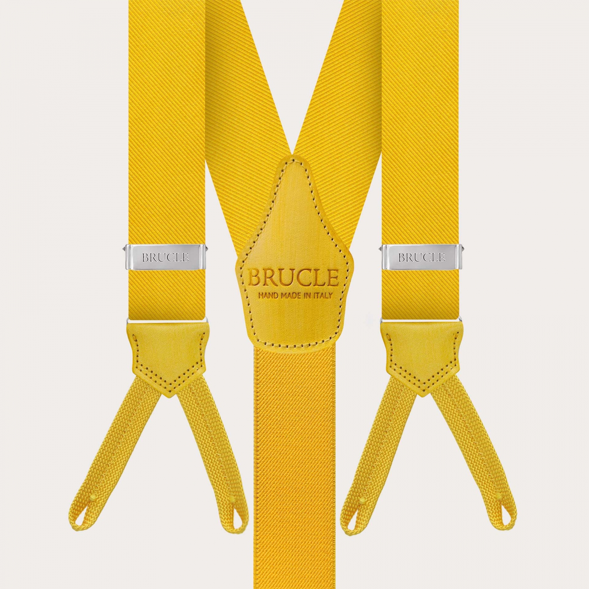 Set coordonné en soie jaune : bretelles pour boutons, nœud papillon et pochette