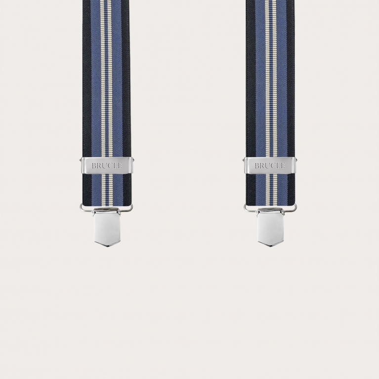 Suspenders in X shape with blue and light blue stripes, clip-on only
