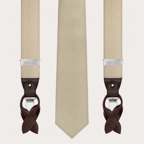 Champagne silk coordinated suspenders and tie