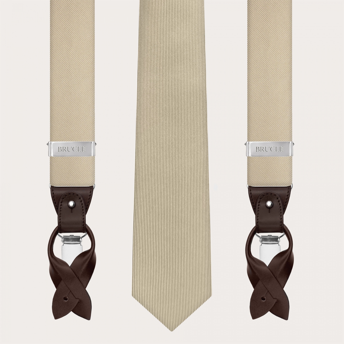 Champagne silk coordinated suspenders and tie