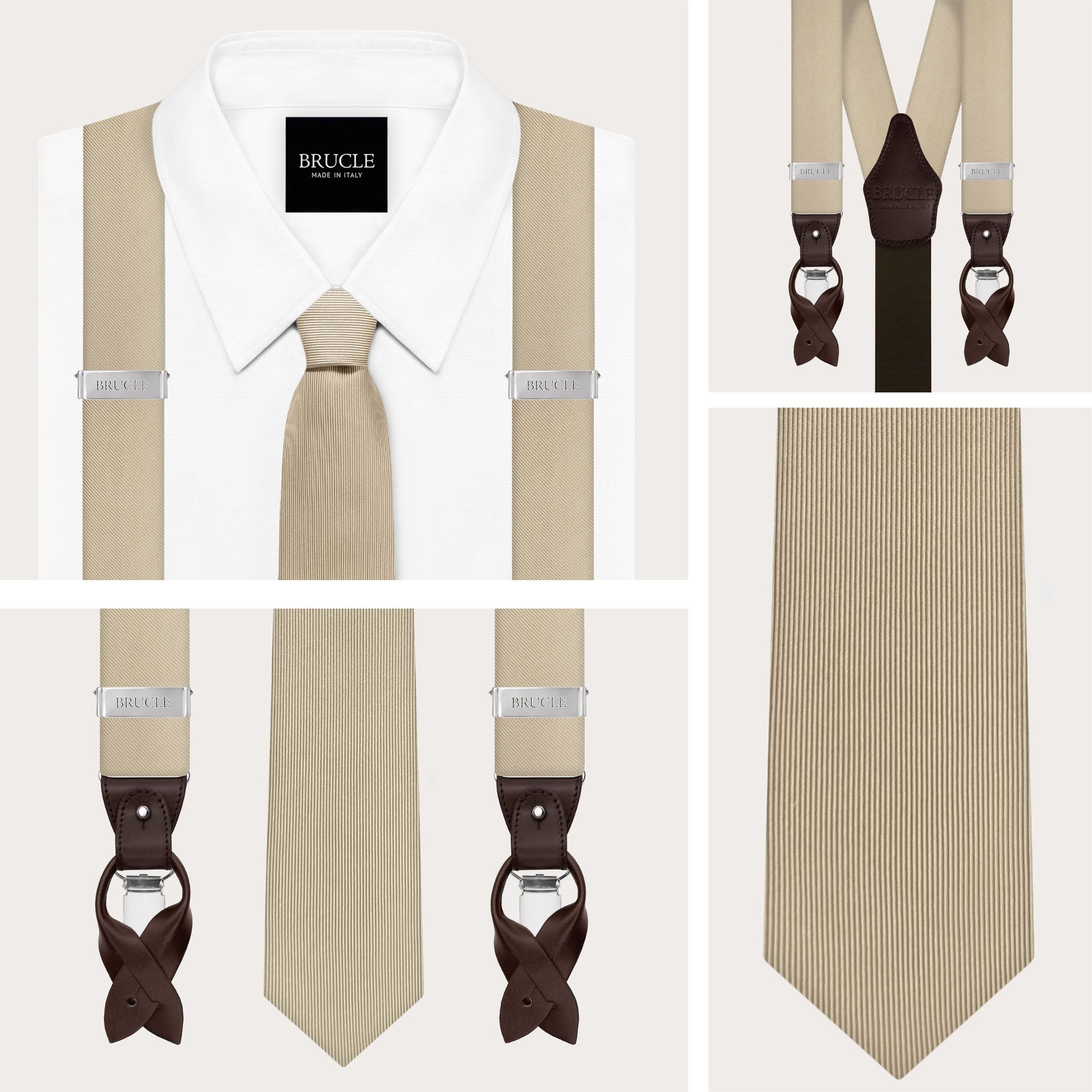 Bretelle e cravatta coordinate in seta champagne