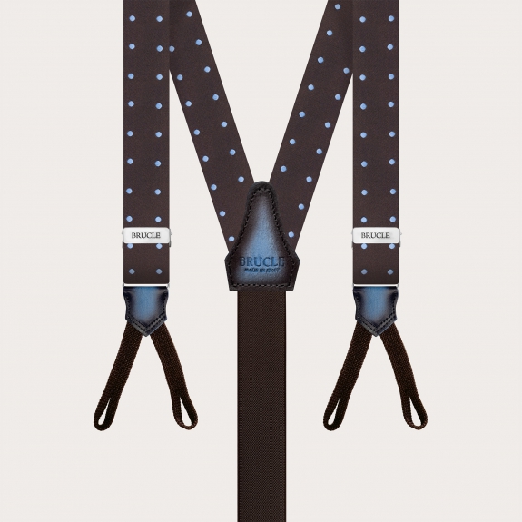Narrow buttonhole suspenders and polka dot brown silk bow tie set