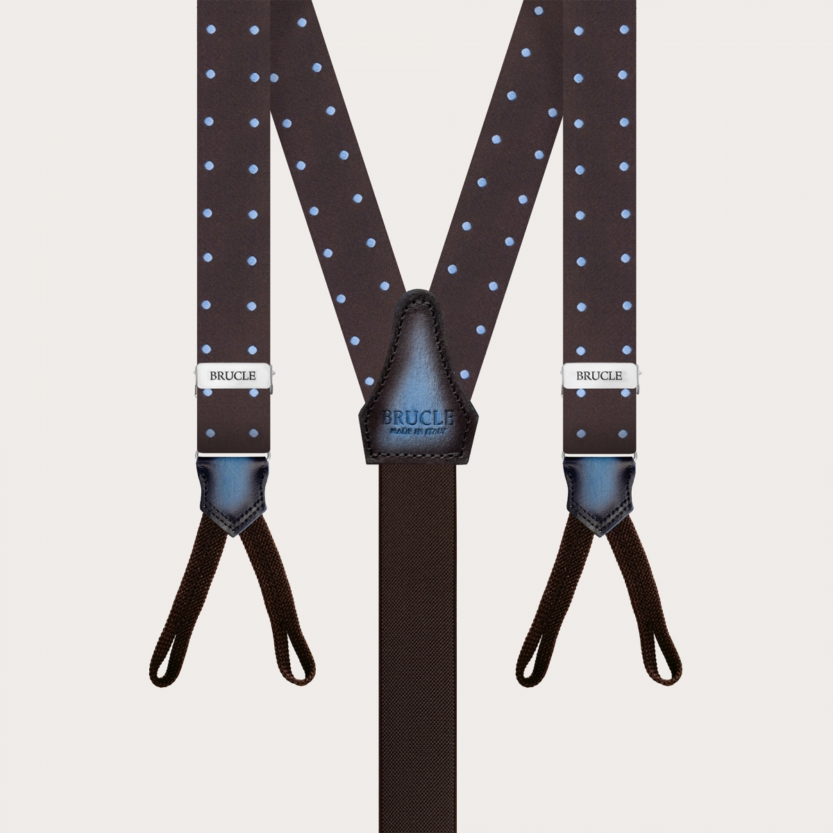 Narrow buttonhole suspenders and polka dot brown silk bow tie set