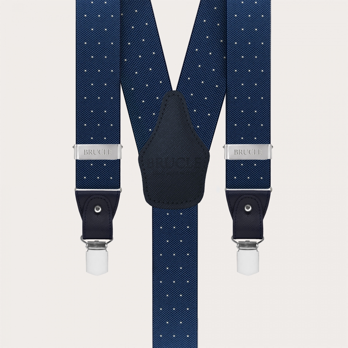 Blue polka dot suspenders, dual-use with buttons and nickel-free clips