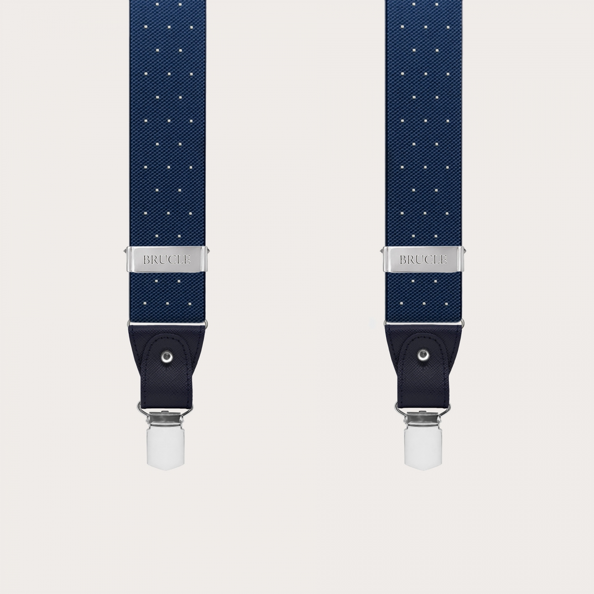 Blue polka dot suspenders, dual-use with buttons and nickel-free clips