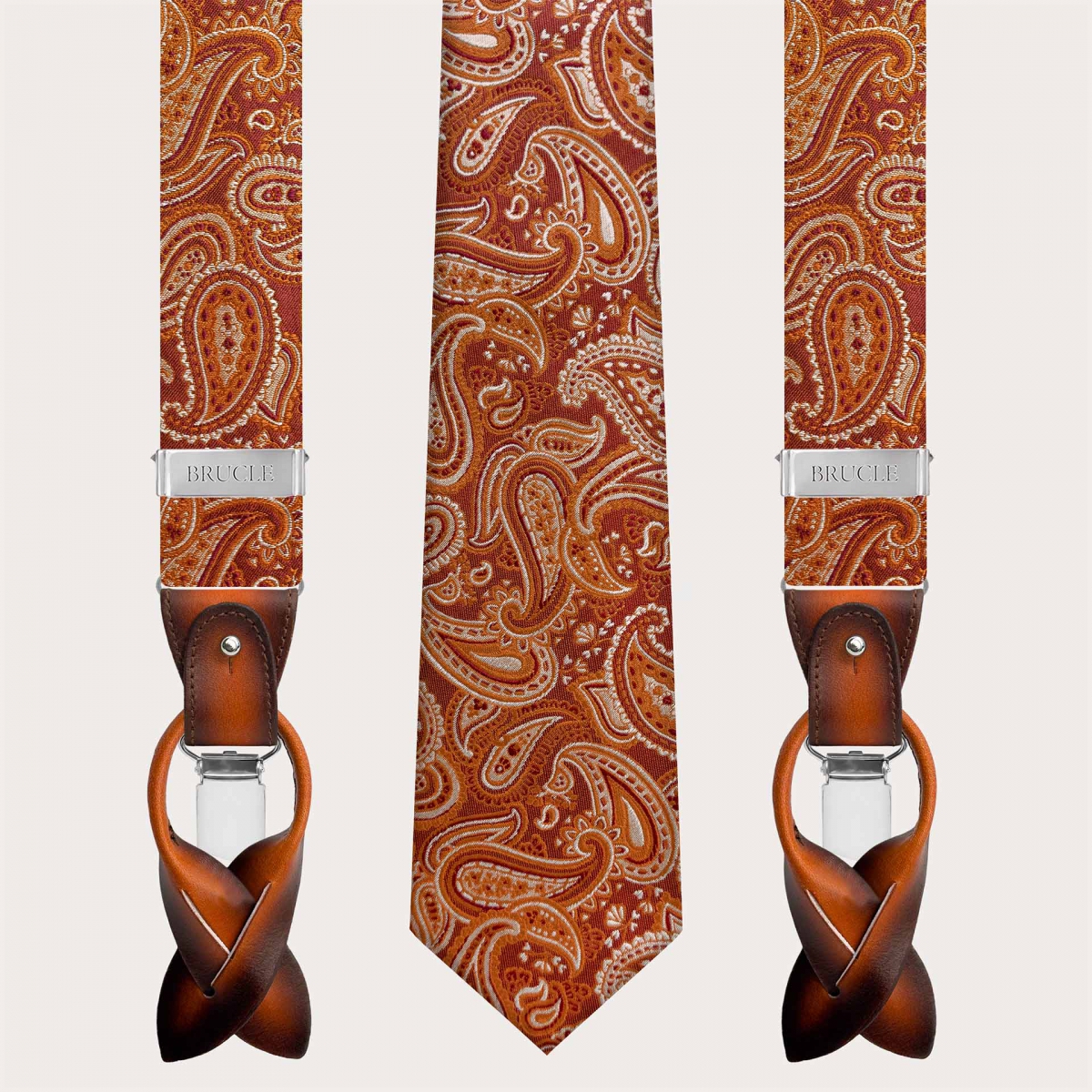 Silk suspender and tie set with orange paisley pattern