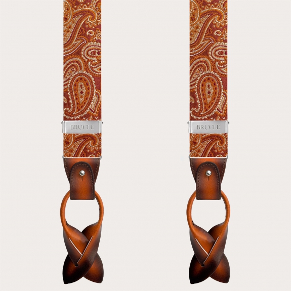 Elegant orange paisley silk suspenders with hand-faded leather