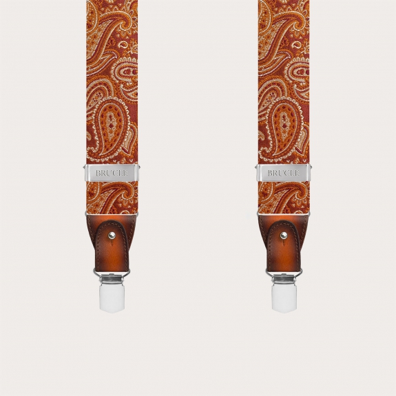 Elegante orangefarbene Paisley-Seidenhosenträger mit handverblasstem Leder
