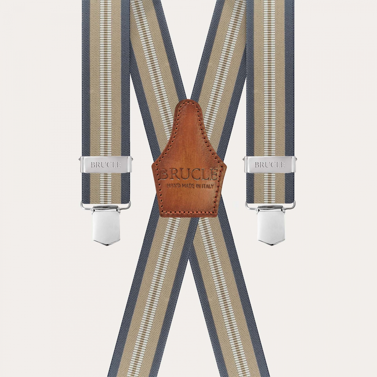 Unisex Hosenträger beige-blau gestreift mit 4 Clips