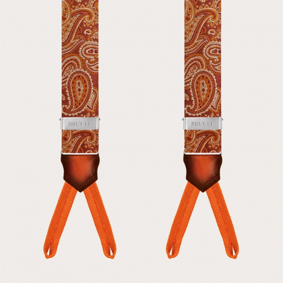 Bretelles boutonnées en soie paisley orange marsala avec cuir dégradé à la main