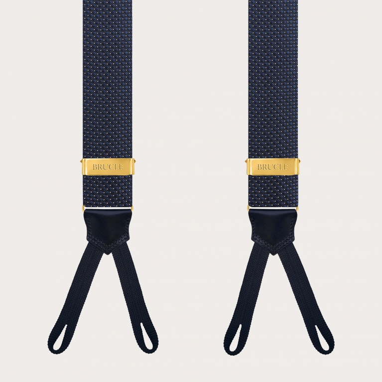 Bretelles homme en soie bleue à pois pour boutons avec régulateurs dorés