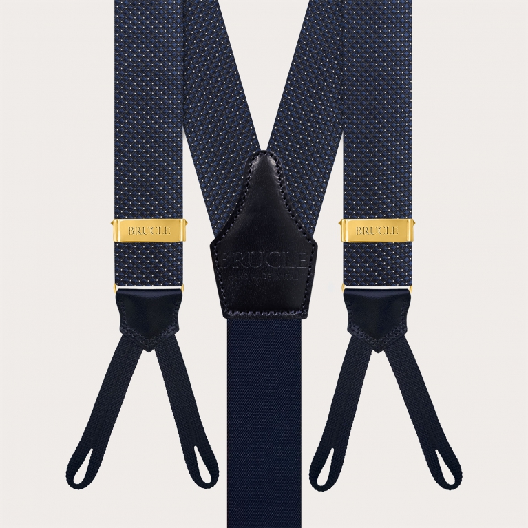 Men's Blue Pin-Dot Silk Suspenders for Buttons with Gold Adjusters