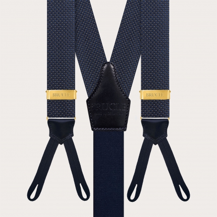 Men's Blue Pin-Dot Silk Suspenders for Buttons with Gold Adjusters