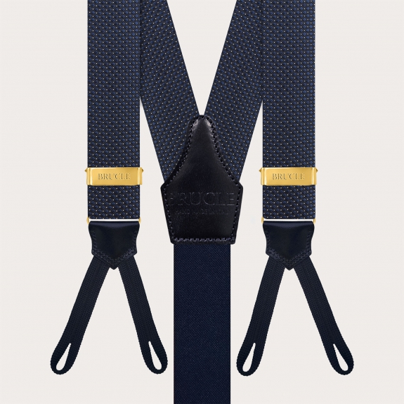 Men's Blue Pin-Dot Silk Suspenders for Buttons with Gold Adjusters