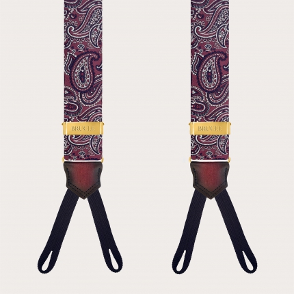 Bordeauxfarbene Hosenträger mit Paisley-Muster für Knöpfe und goldenen Verstellern