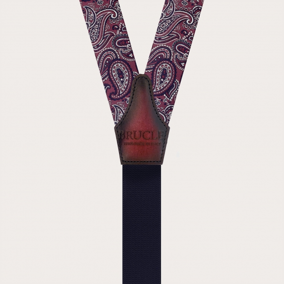 Bordeauxfarbene Hosenträger mit Paisley-Muster für Knöpfe und goldenen Verstellern