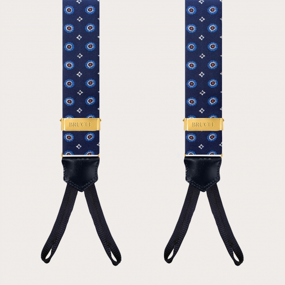 Blue Silk Floral Suspenders with Button Tabs and Gold Metal Parts