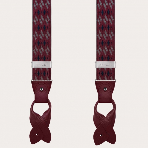 Men's Dual-Use Suspenders with Burgundy Diamond Pattern