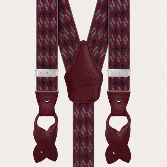 Men's Dual-Use Suspenders with Burgundy Diamond Pattern