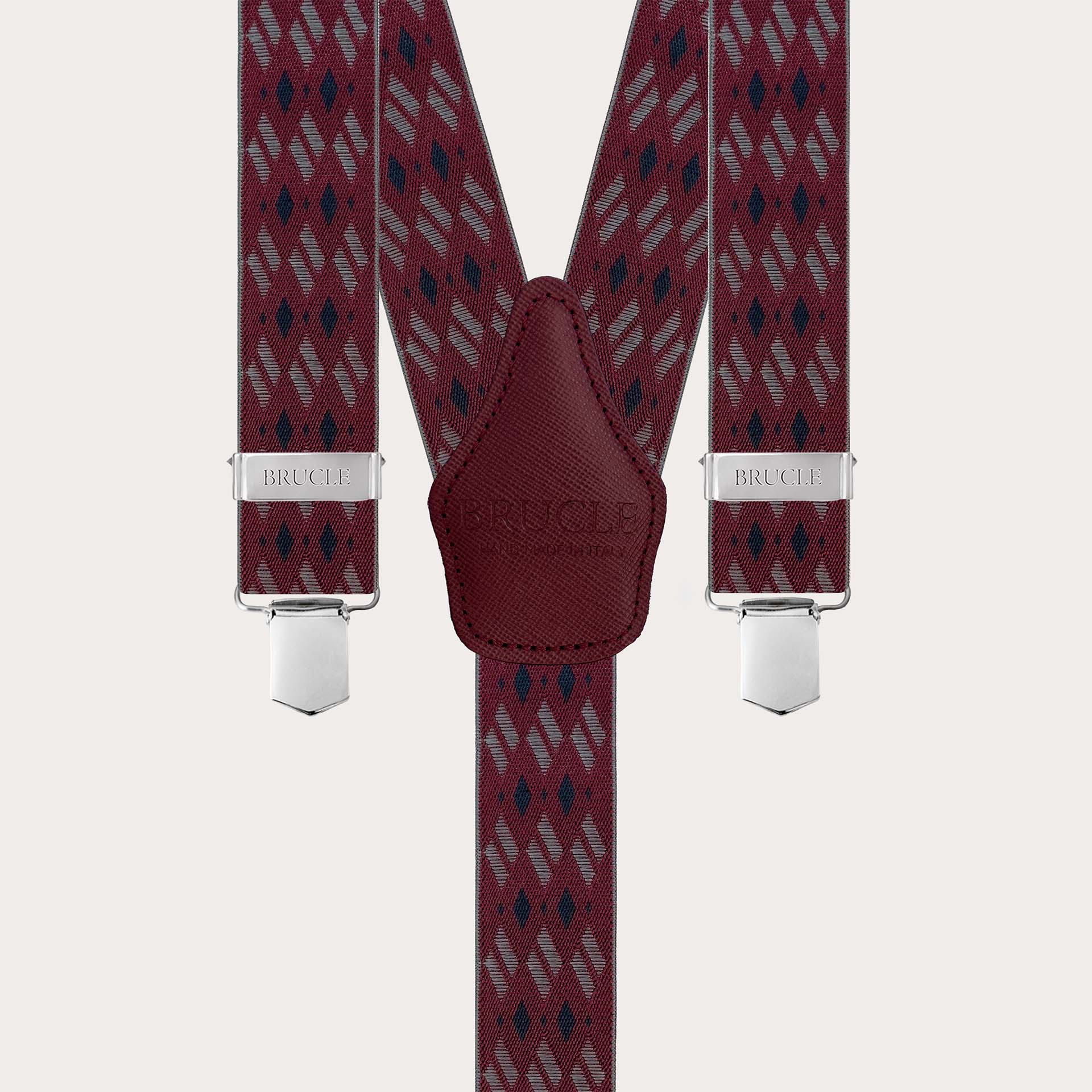 Bordeaux elastic suspenders with diamond pattern and clips
