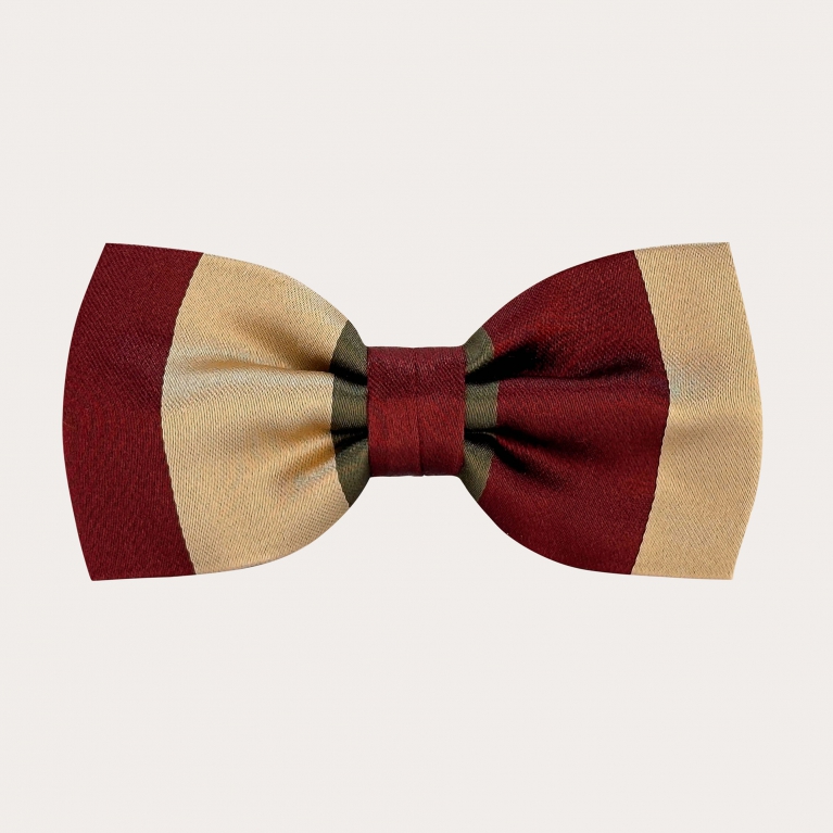 Gold, green, and burgundy striped bow tie