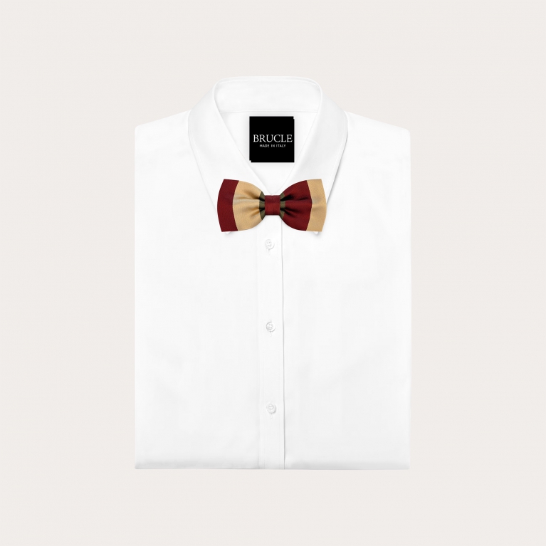Gold, green, and burgundy striped bow tie