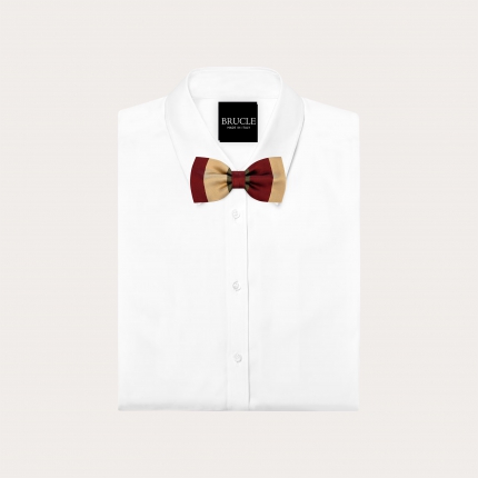 Gold, green, and burgundy striped bow tie