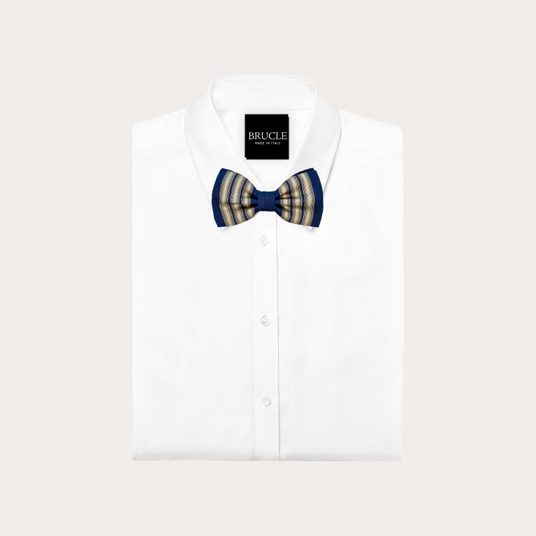 Blue and gold vertically striped bow tie