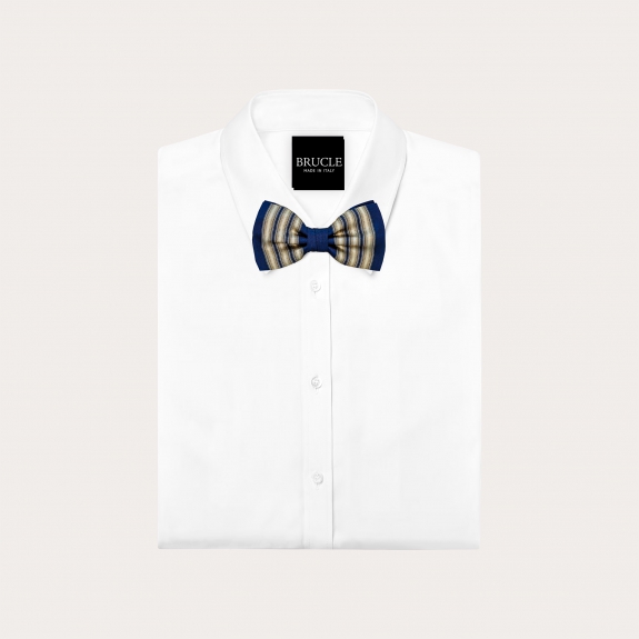 Blue and gold vertically striped bow tie