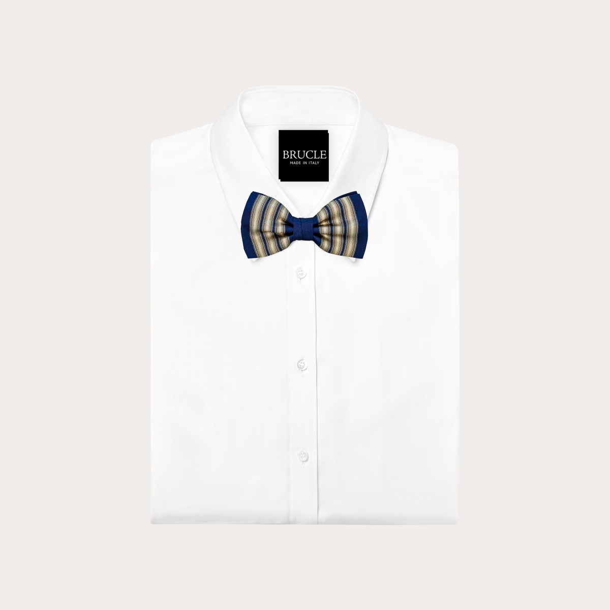 Blue and gold vertically striped bow tie