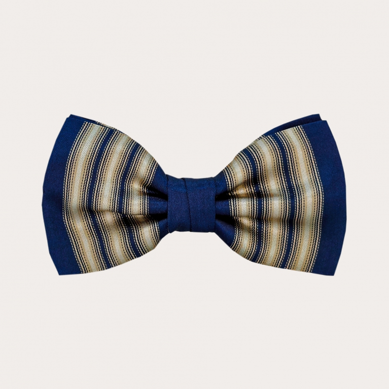 Blue and gold vertically striped bow tie