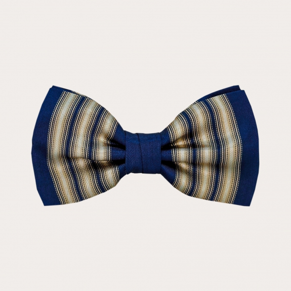 Blue and gold vertically striped bow tie