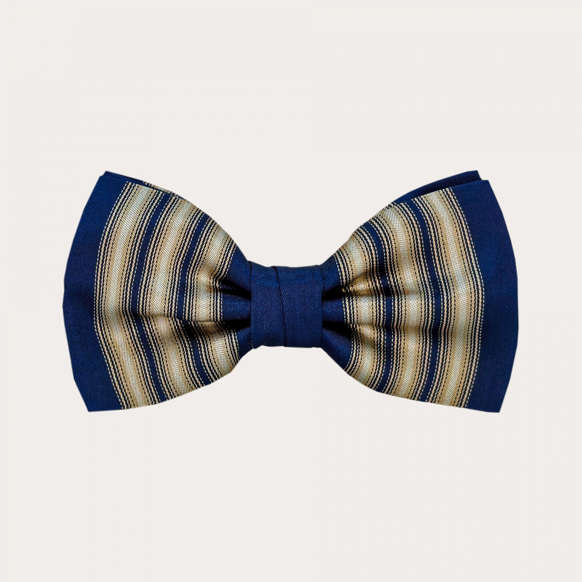 Blue and gold vertically striped bow tie