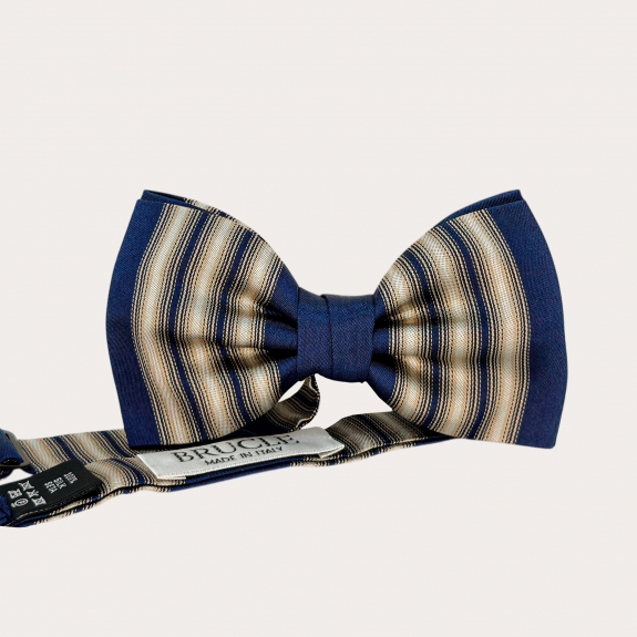 Blue and gold vertically striped bow tie