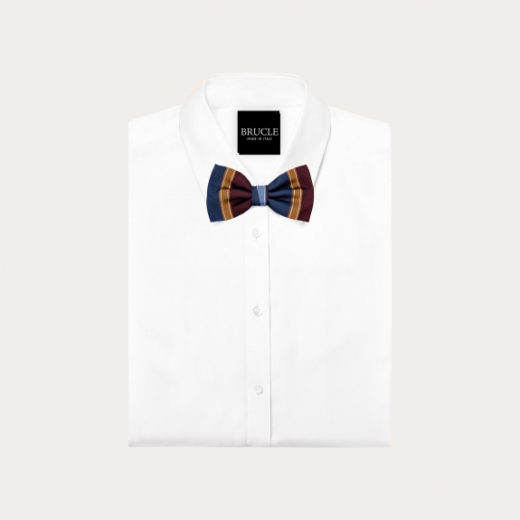 Blue, gold, and burgundy striped bow tie