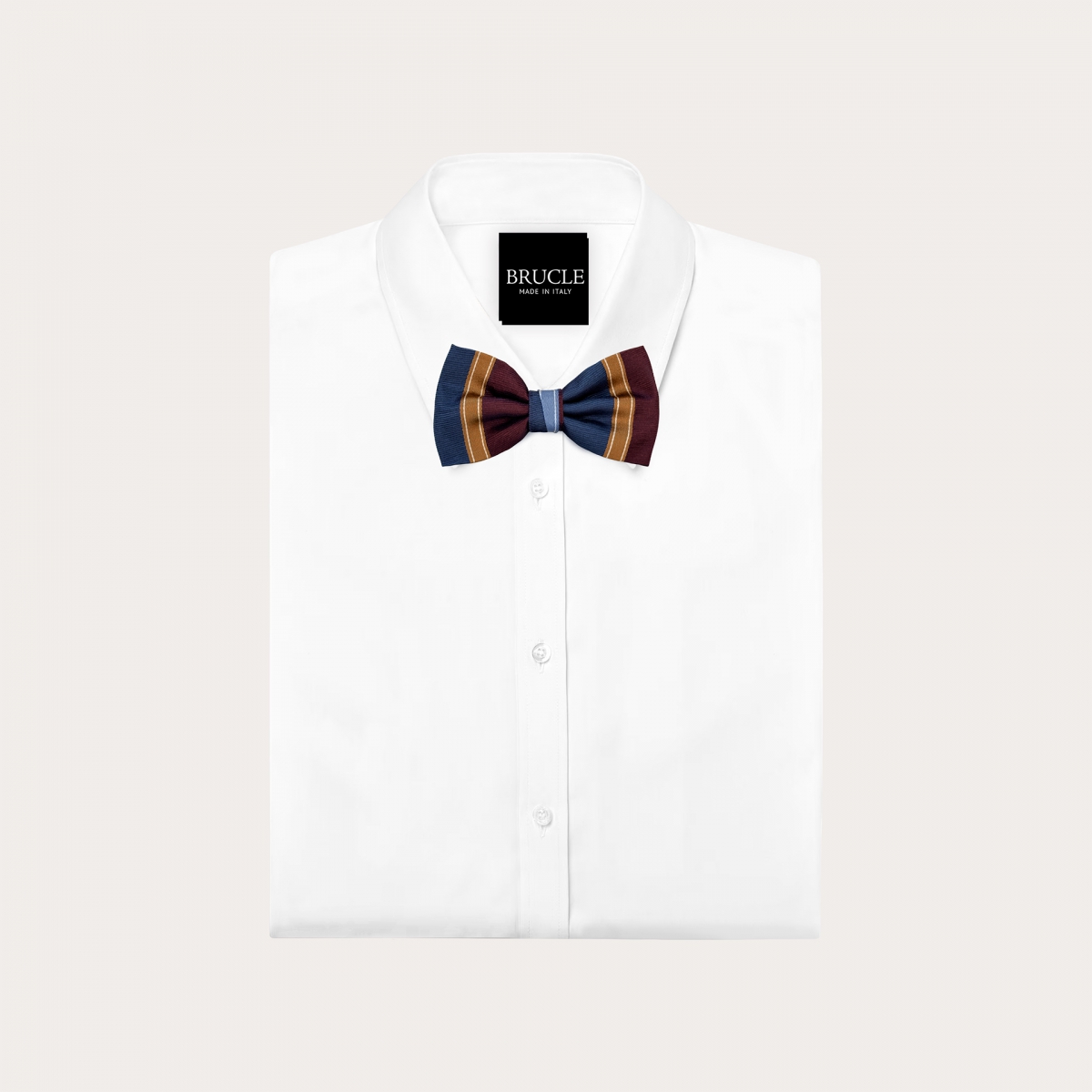 Blue, gold, and burgundy striped bow tie