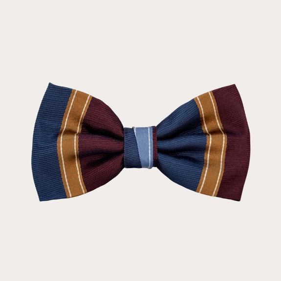 Blue, gold, and burgundy striped bow tie
