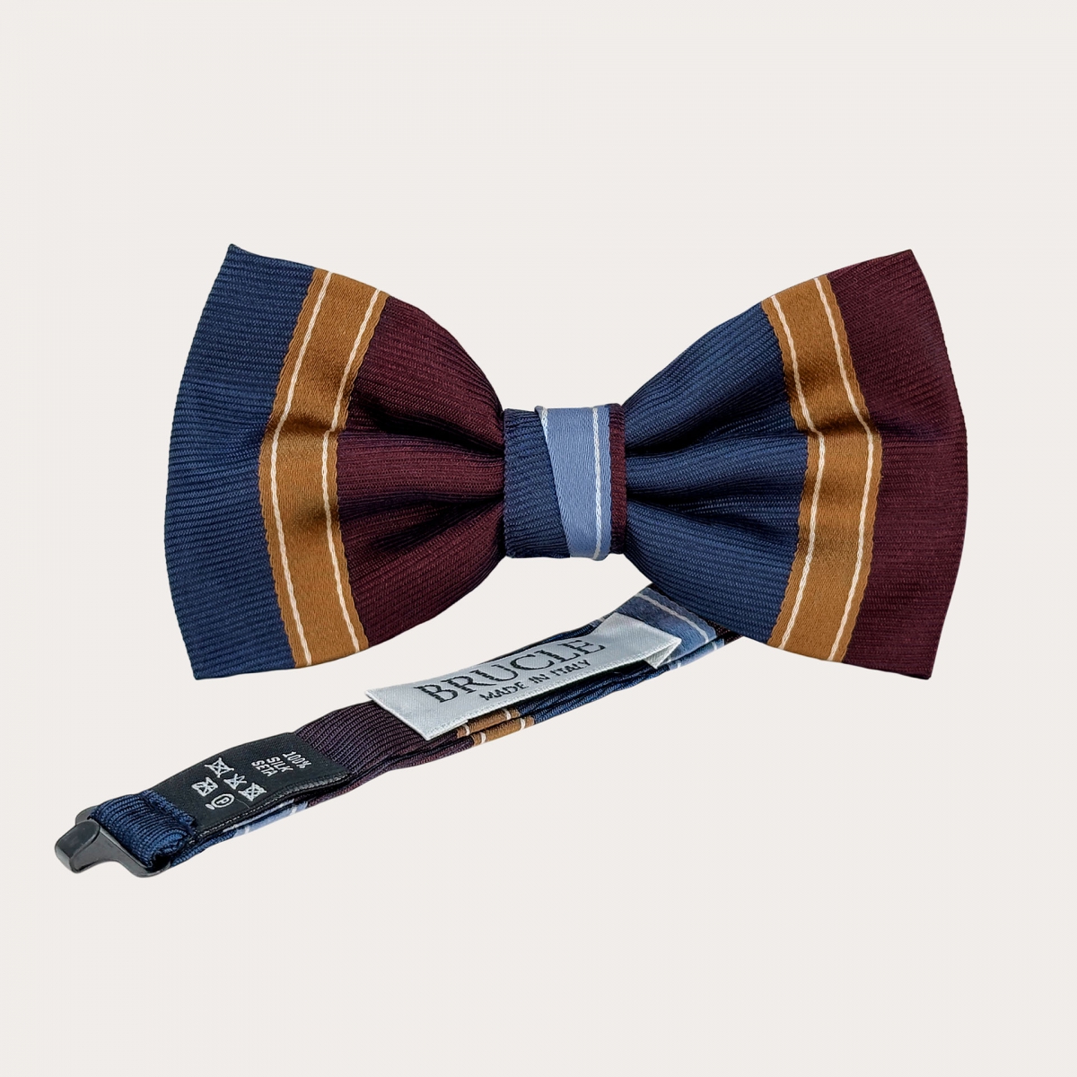 Blue, gold, and burgundy striped bow tie