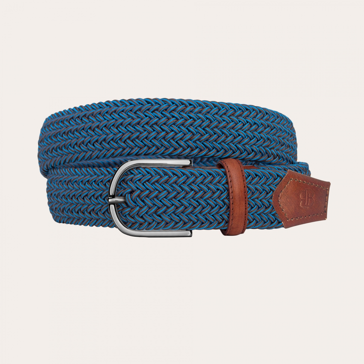 Extra-long melange braided elastic belt in blue and leather brown