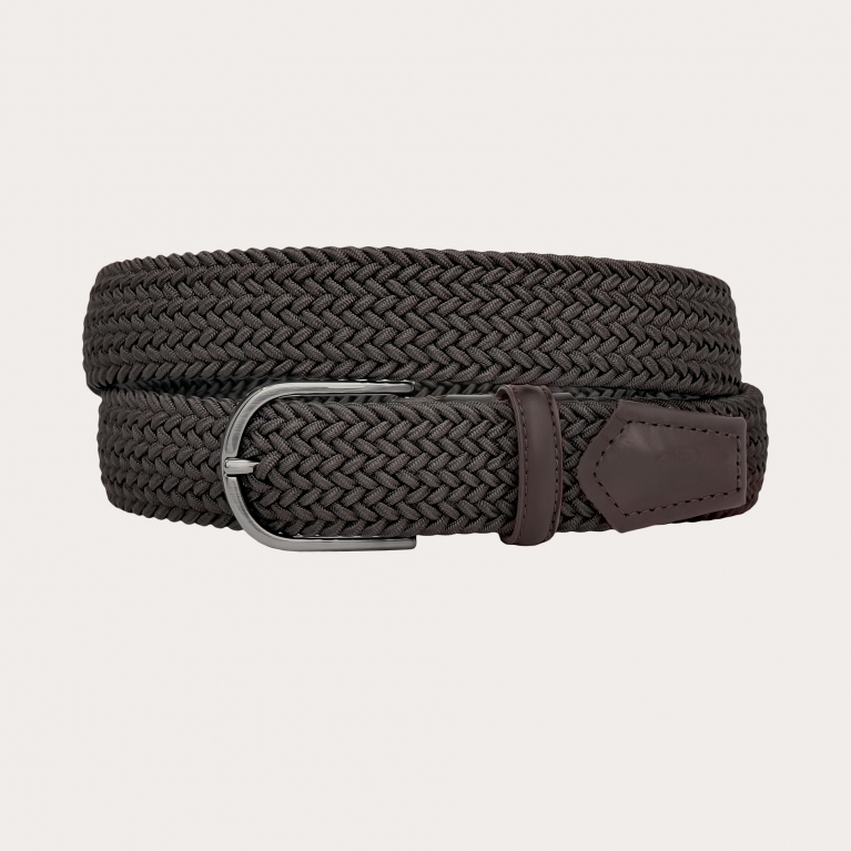 Dark brown braided elastic belt, nickel-free