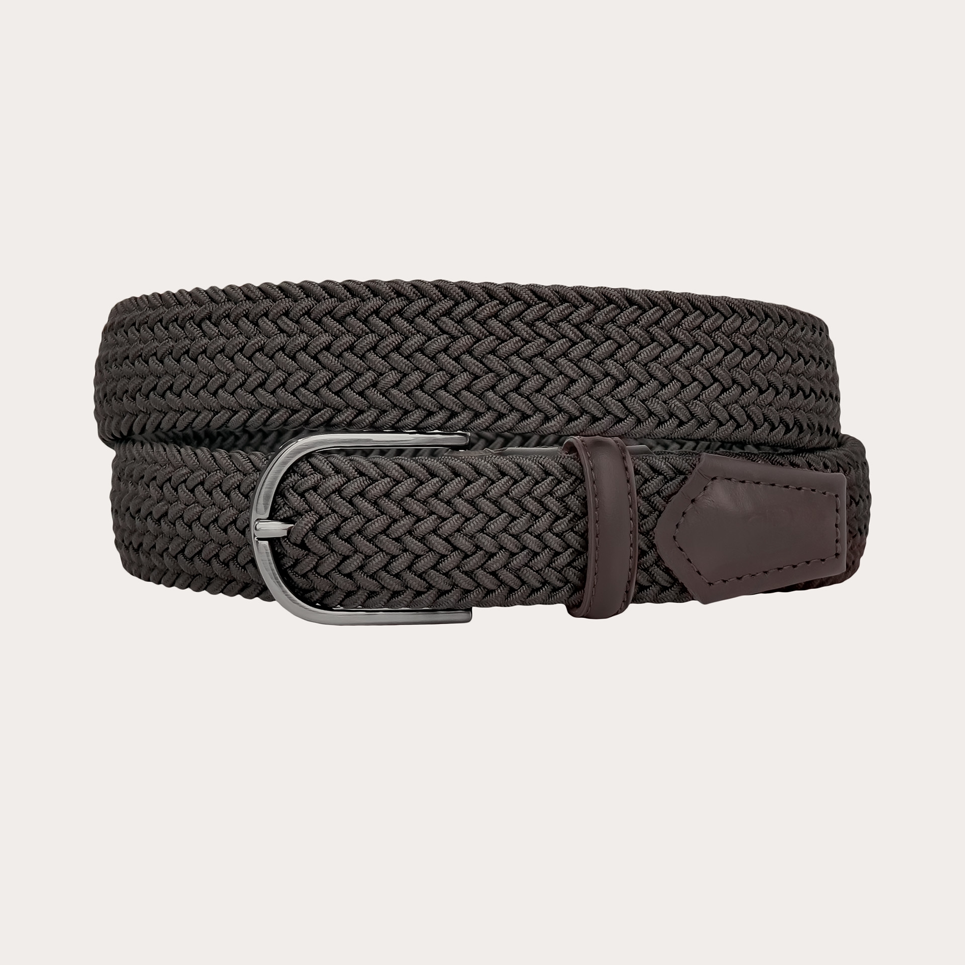 Dark brown braided elastic belt, nickel-free