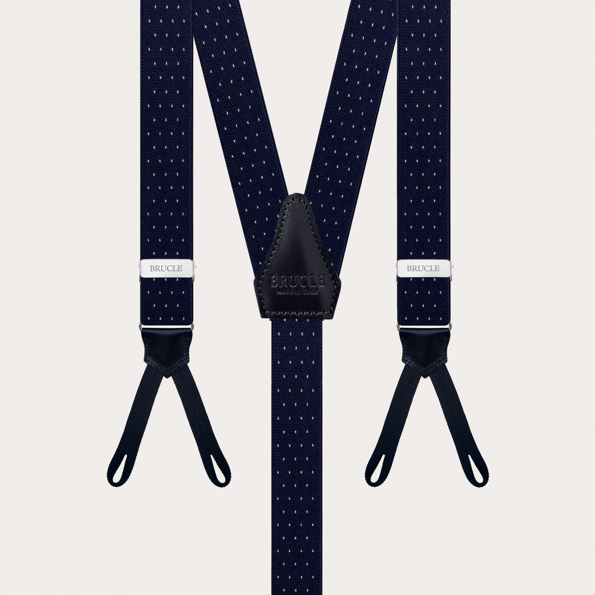 Narrow blue pin-dot suspenders with buttonholes