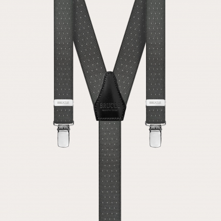Skinny Y-shape elastic suspenders with clips, white dotted grey