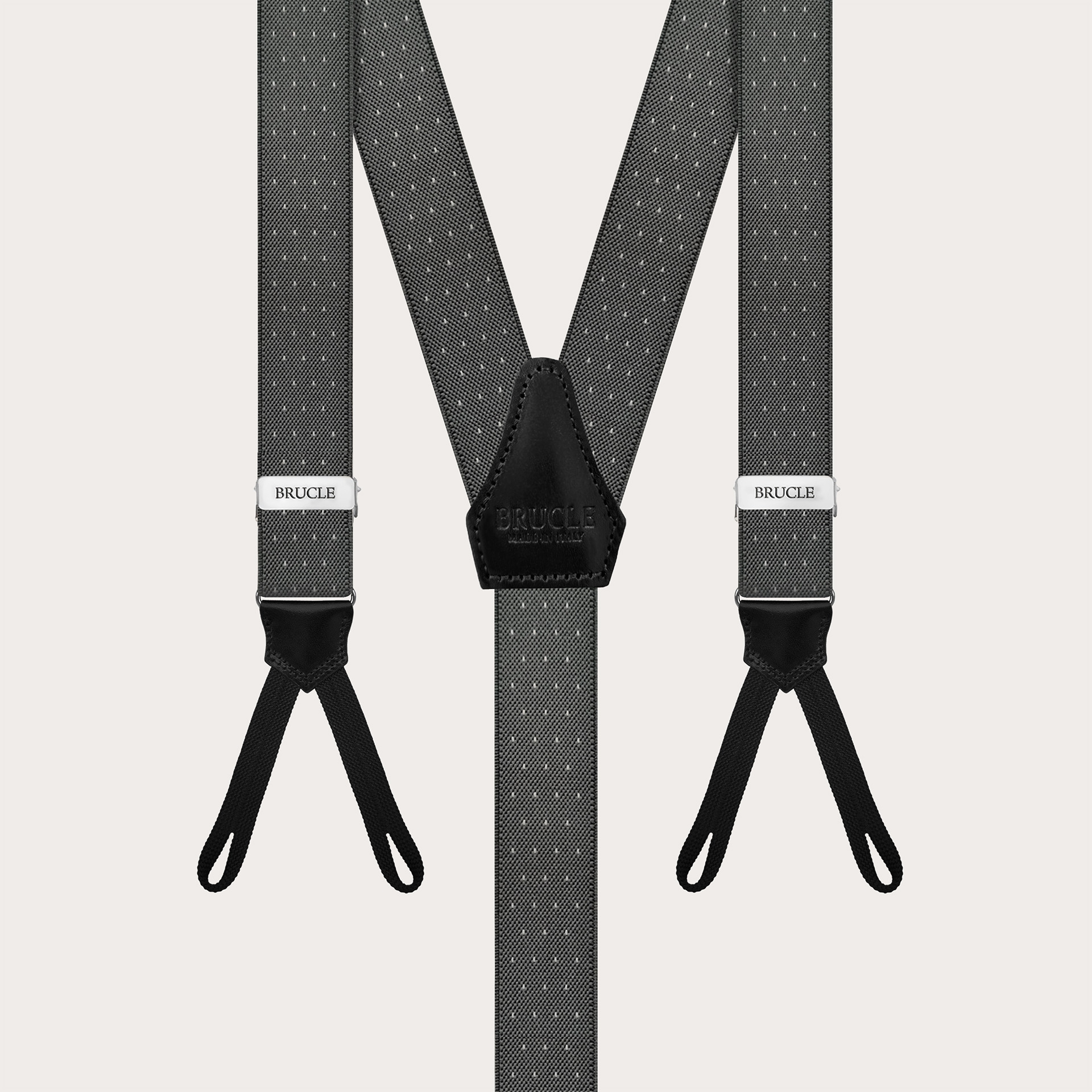 Narrow grey pin-dot suspenders with buttonholes