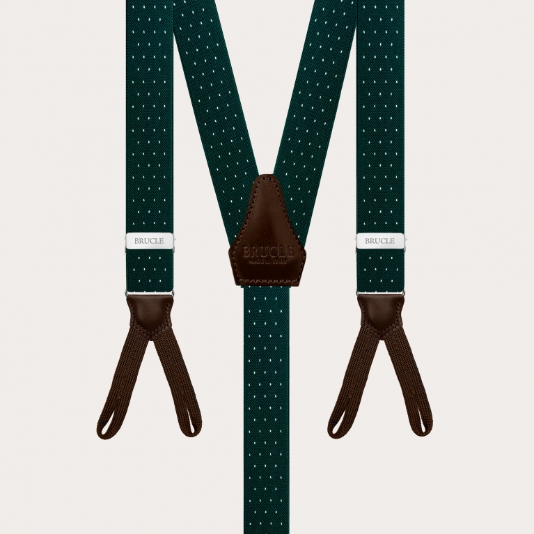 Narrow green pin-dot suspenders with buttonholes