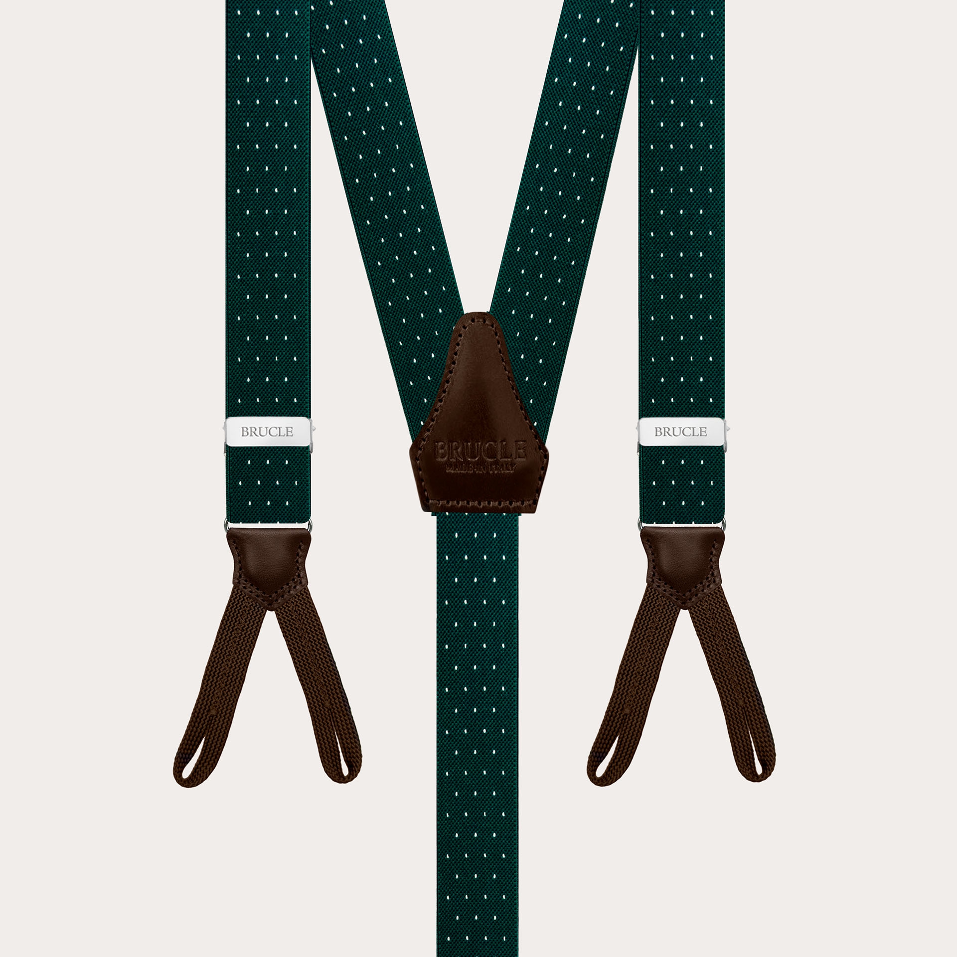 Narrow green pin-dot suspenders with buttonholes