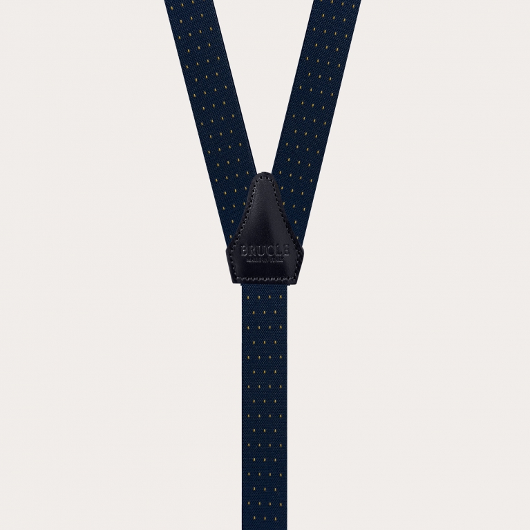 Narrow blue and gold pin-dot suspenders with buttonholes