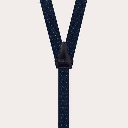 Narrow blue and gold pin-dot suspenders with buttonholes