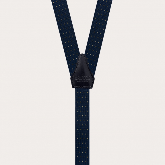 Narrow blue and gold pin-dot suspenders with buttonholes