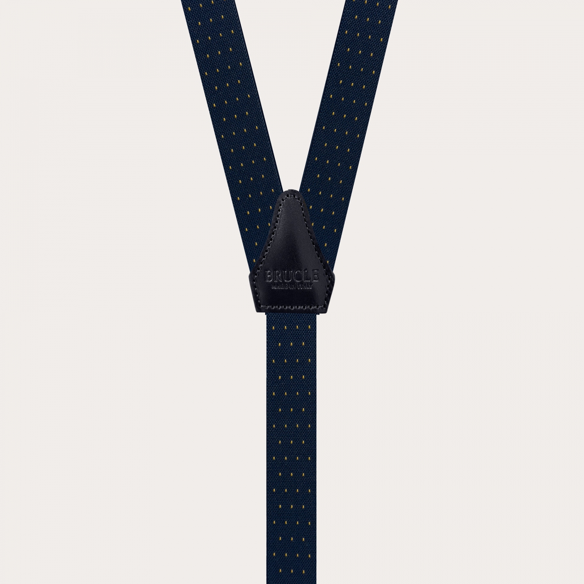 Narrow blue and gold pin-dot suspenders with buttonholes